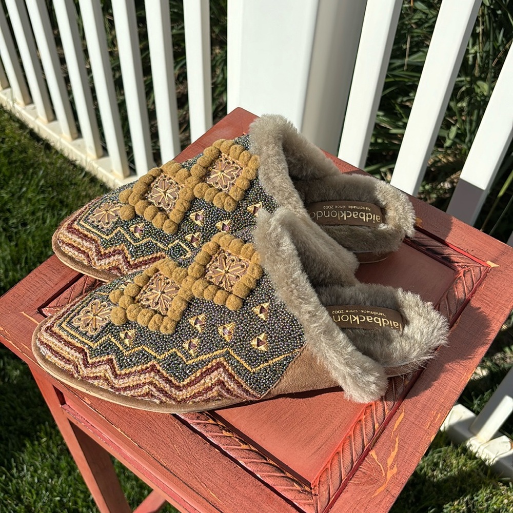 Alida Kendrick Embellished Mule Slippers in Tan and Mustard